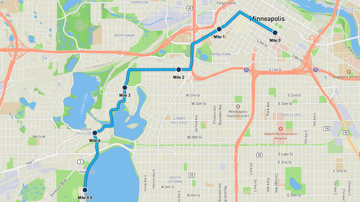 Twin Cities Marathon course map — miles 0–4.9