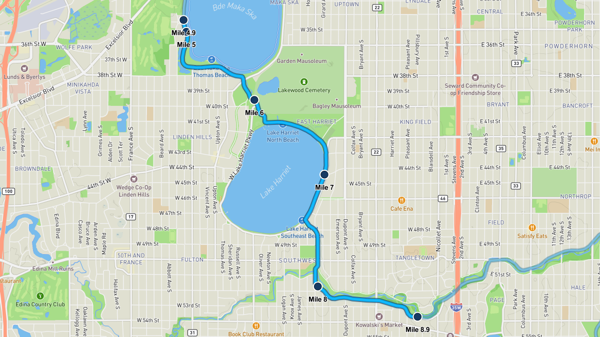 Twin Cities Marathon course map — miles 4.9–8.9