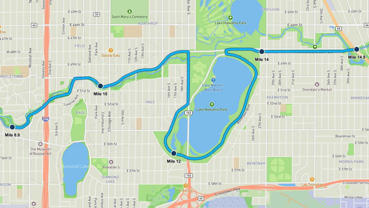 Twin Cities Marathon course map — miles 8.9–14.9