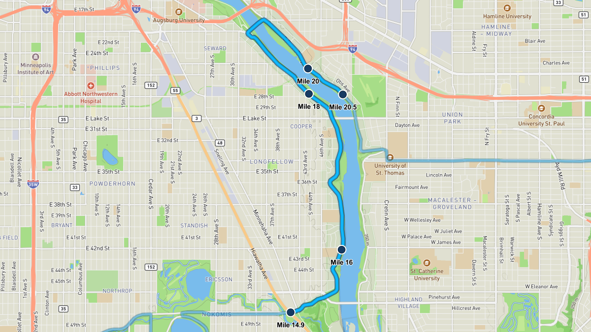 Twin Cities Marathon course map — miles 14.9–20.5