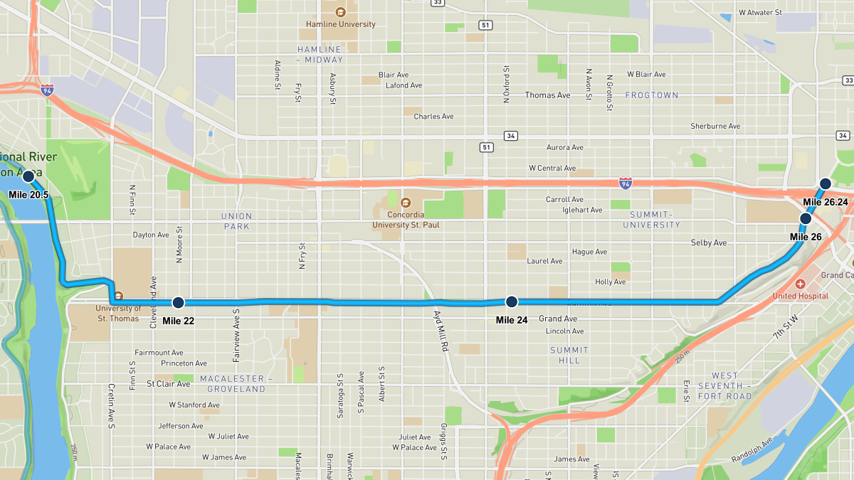 Twin Cities Marathon course map — miles 20.5–26.24