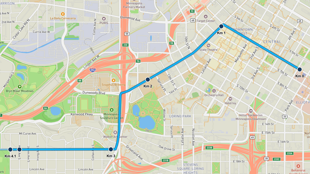 Twin Cities Marathon course map — kilometers 0–4.1