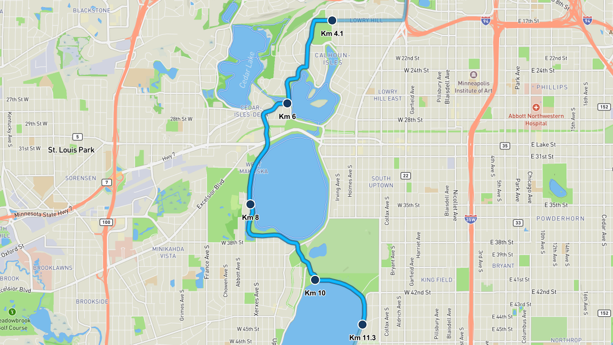 Twin Cities Marathon course map — kilometers 4.1–11.3