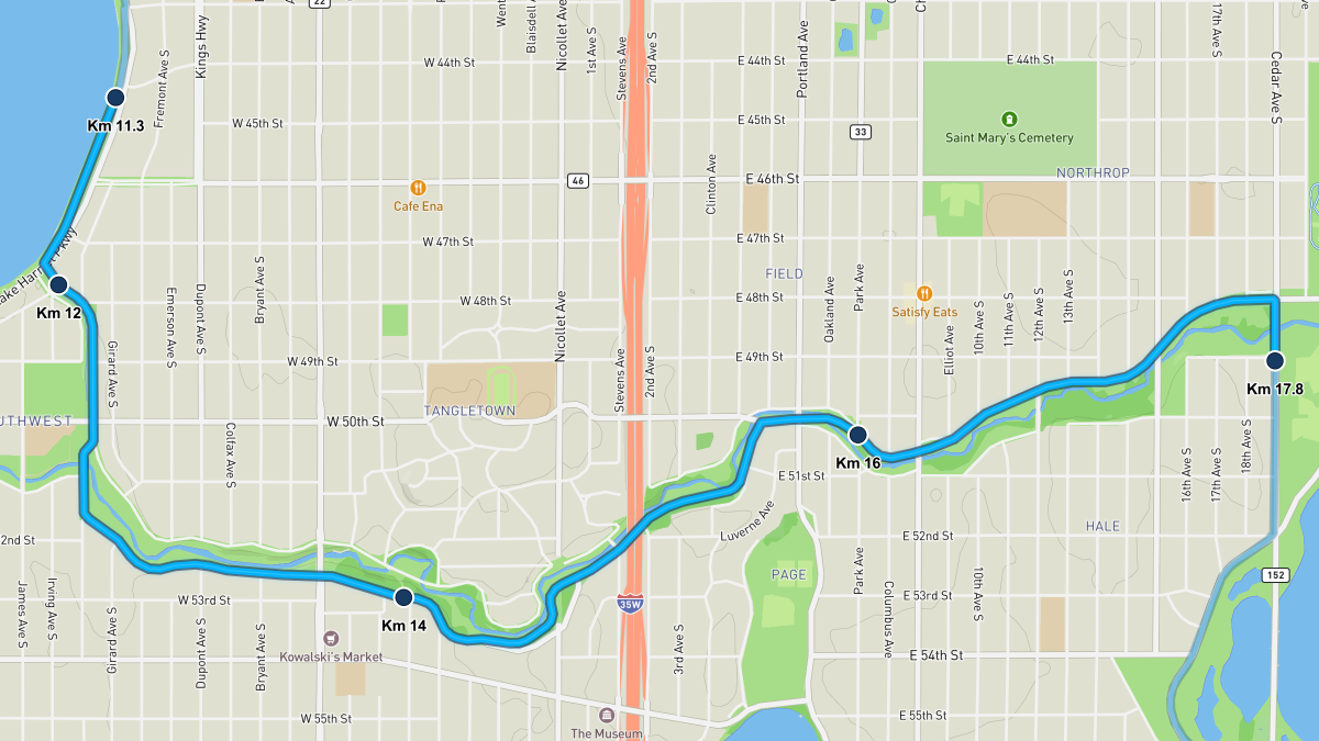 Twin Cities Marathon course map — kilometers 11.3–17.8