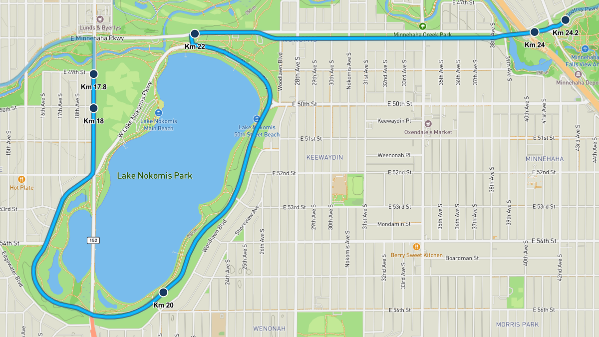 Twin Cities Marathon course map — kilometers 17.8–24.2