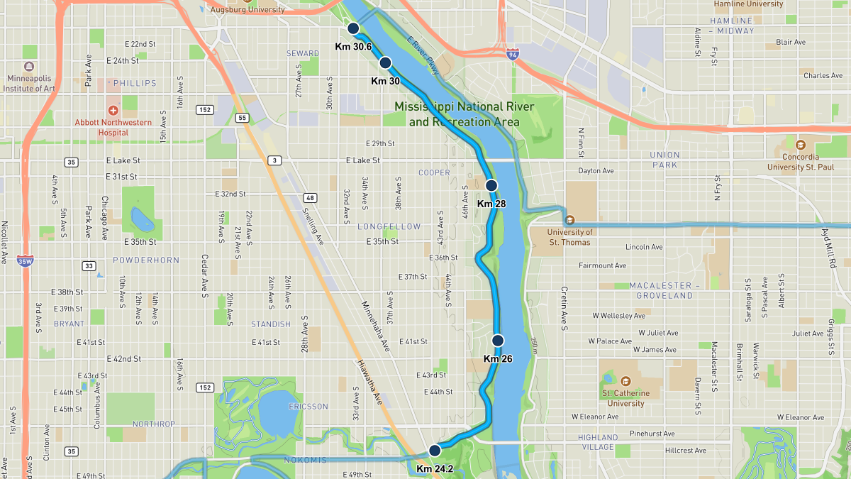 Twin Cities Marathon course map — kilometers 24.2–30.6