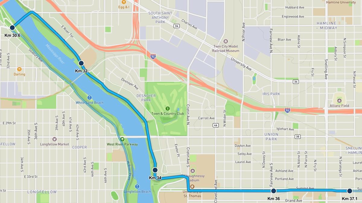 Twin Cities Marathon course map — kilometers 30.6–37.1