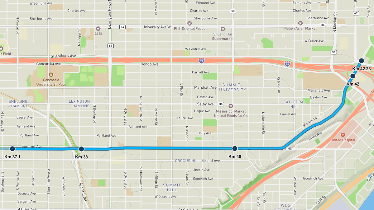 Twin Cities Marathon course map — kilometers 37.1–42.23