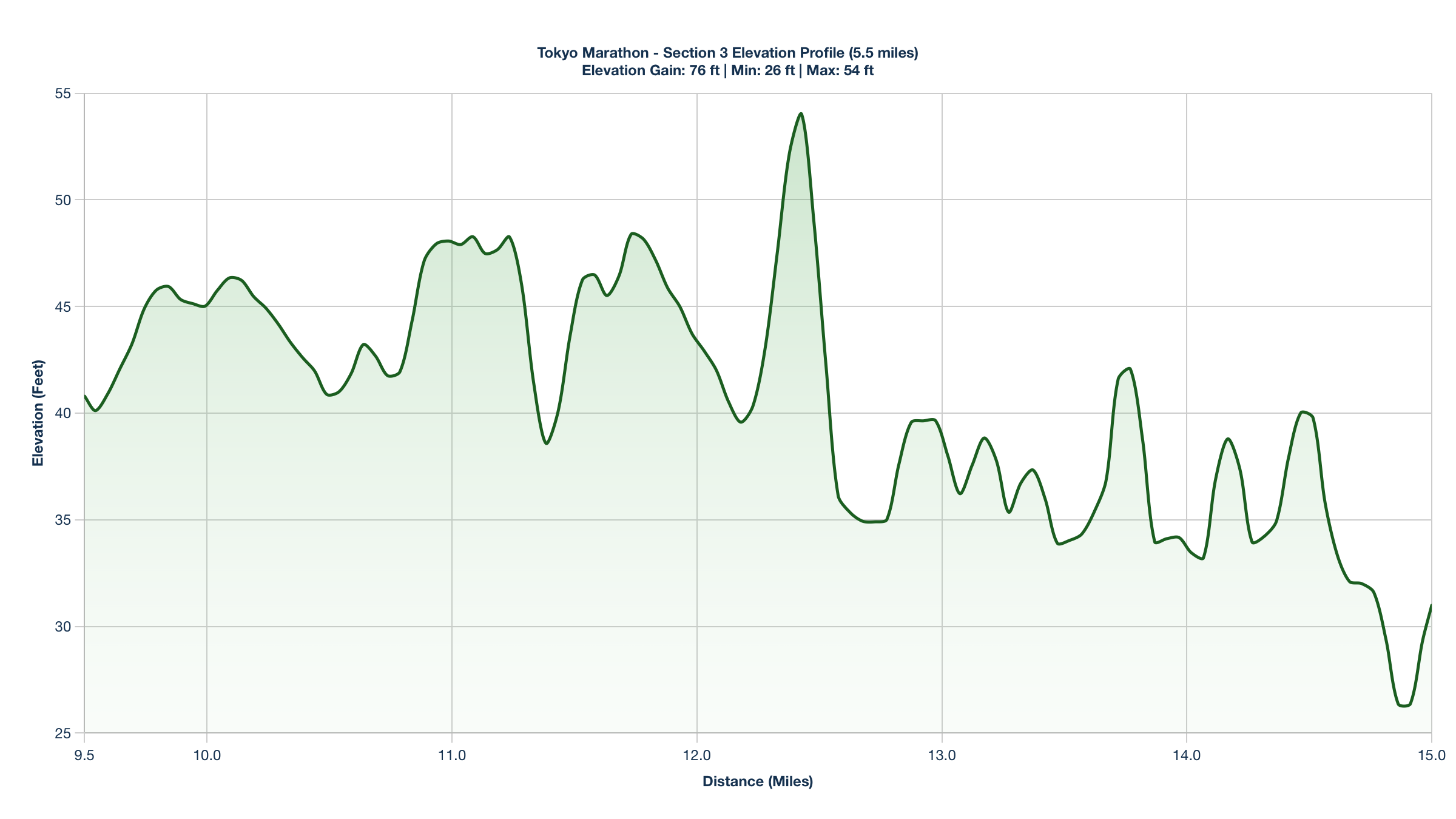 Elevation Profile for Miles 9.5-15 of the Tokyo Marathon