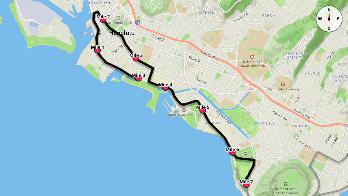 Course Map for Miles 0-7 of the Honolulu Marathon