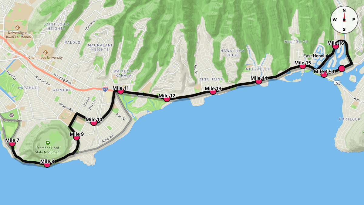 Course Map for Miles 7-17.4 of the Honolulu Marathon