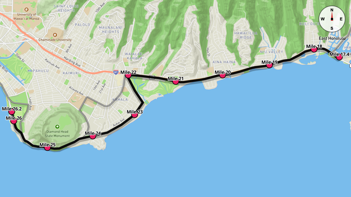 Course Map for Miles 17.4-26.2 of the Honolulu Marathon