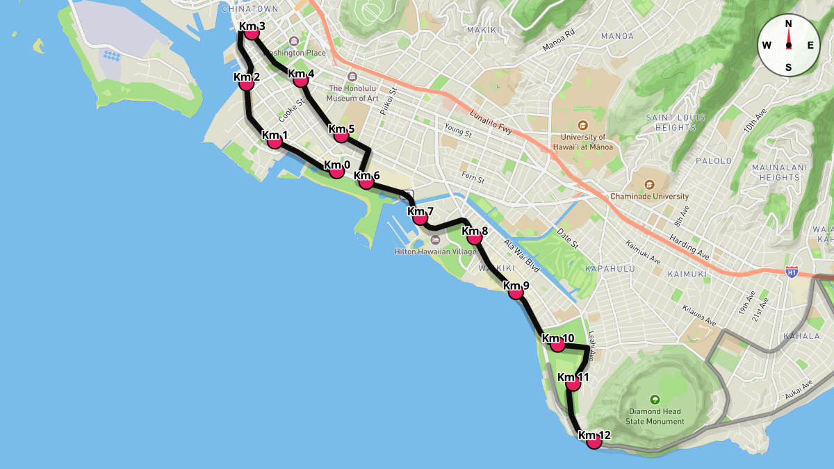 Course Map for Kilometers 0-12 of the Honolulu Marathon