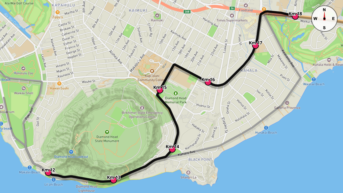Course Map for Kilometers 12-18 of the Honolulu Marathon