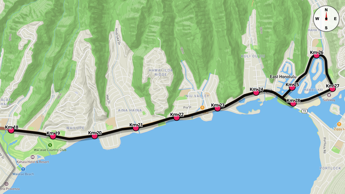 Course Map for Kilometers 18-35 of the Honolulu Marathon