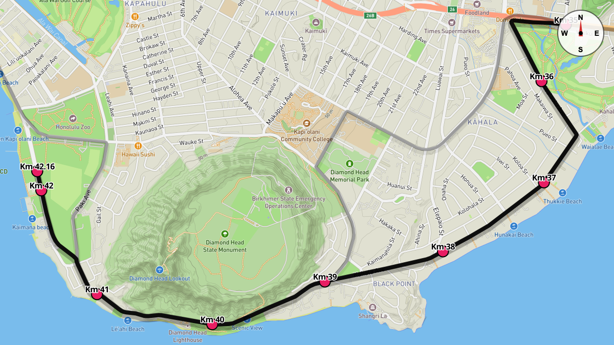Course Map for Kilometers 35-42.16 of the Honolulu Marathon