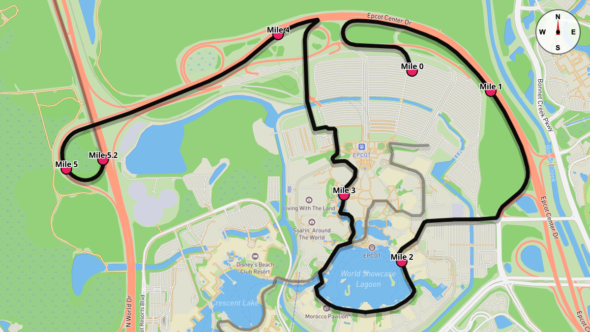 Course Map for Miles 0-5.2 of the Walt Disney World Marathon