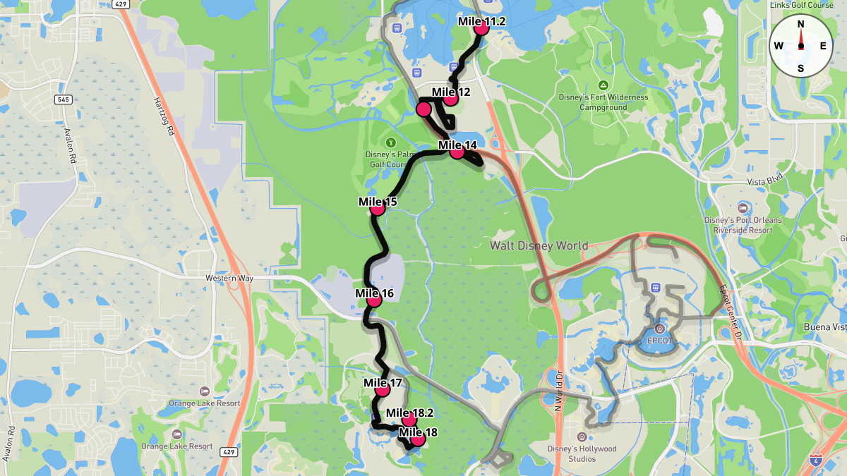 Course Map for Miles 11.2-18.2 of the Walt Disney World Marathon