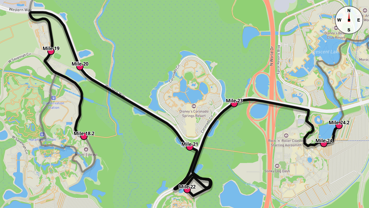 Course Map for Miles 18.2-24.2 of the Walt Disney World Marathon