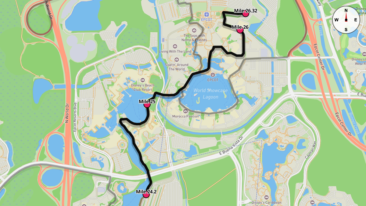 Course Map for Miles 24.2-26.32 of the Walt Disney World Marathon