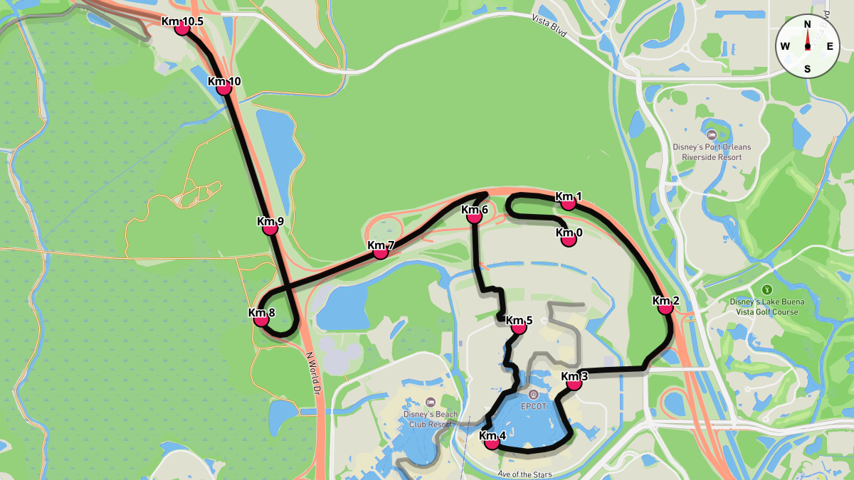 Course Map for Kilometers 0-10.5 of the Walt Disney World Marathon