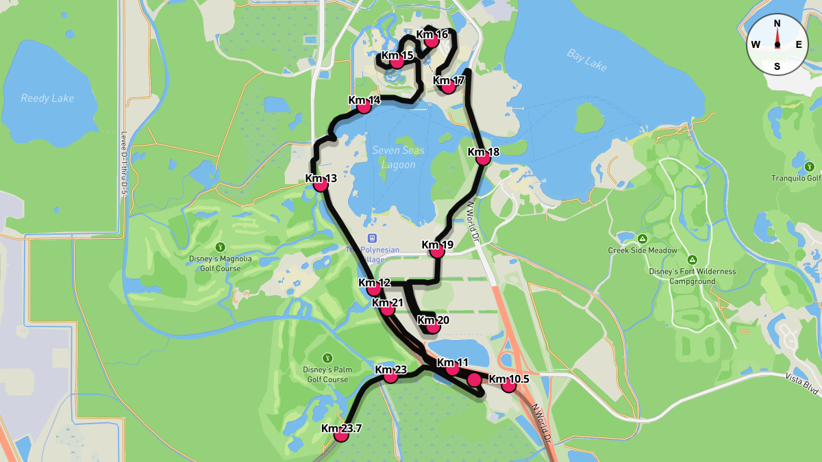 Course Map for Kilometers 10.5-23.7 of the Walt Disney World Marathon