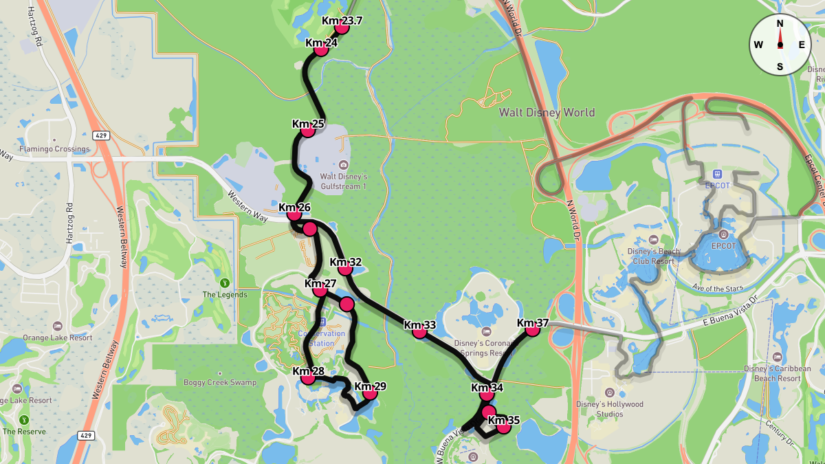 Course Map for Kilometers 23.7-37 of the Walt Disney World Marathon