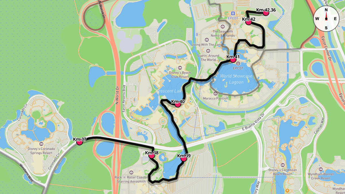 Course Map for Kilometers 37-42.36 of the Walt Disney World Marathon
