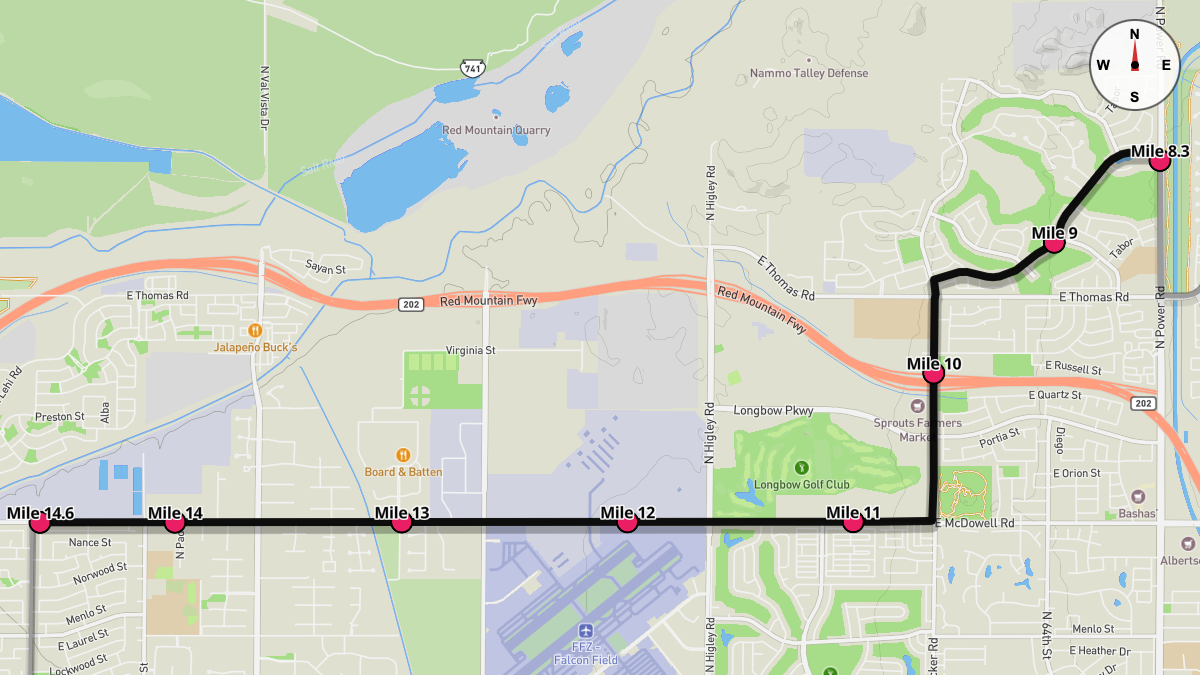 Course Map for Miles 8.3-14.6 of the Mesa Marathon