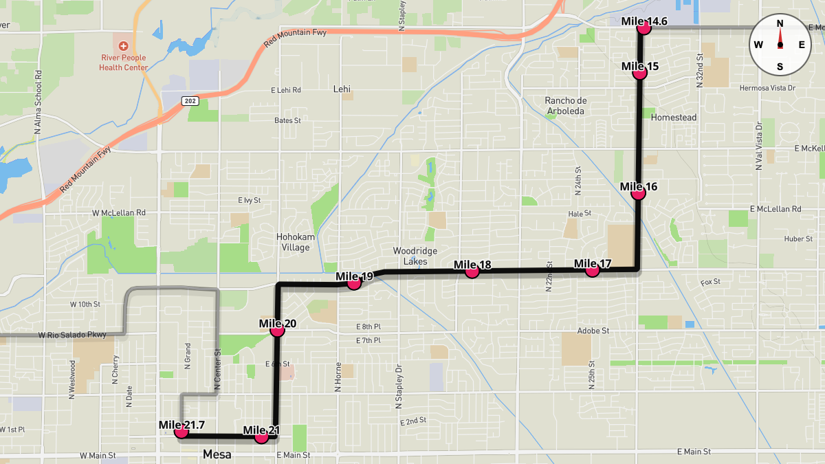 Course Map for Miles 14.6-21.7 of the Mesa Marathon