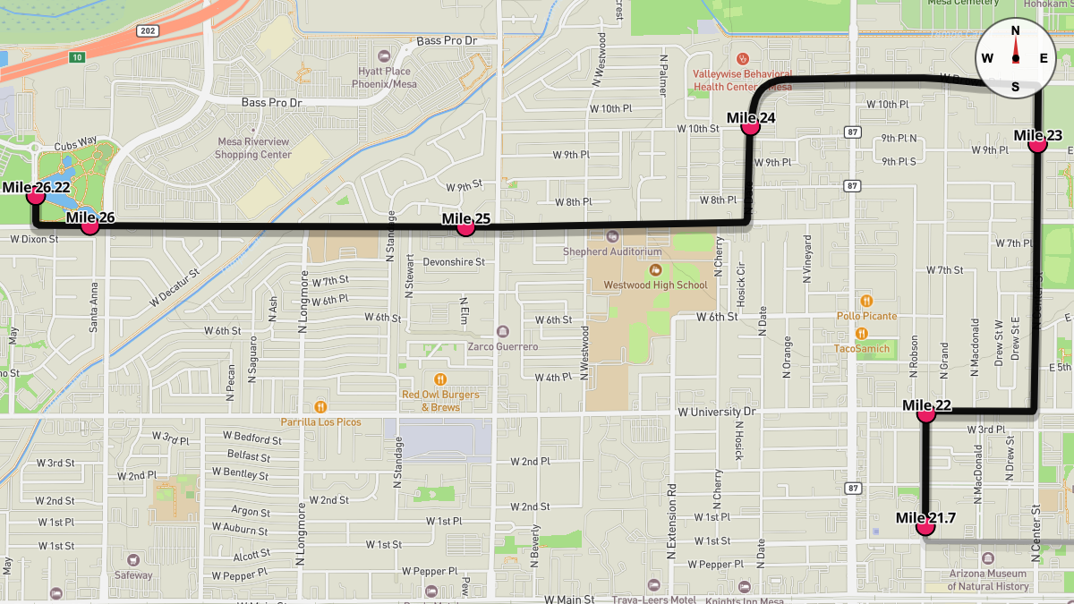 Course Map for Miles 21.7-26.22 of the Mesa Marathon
