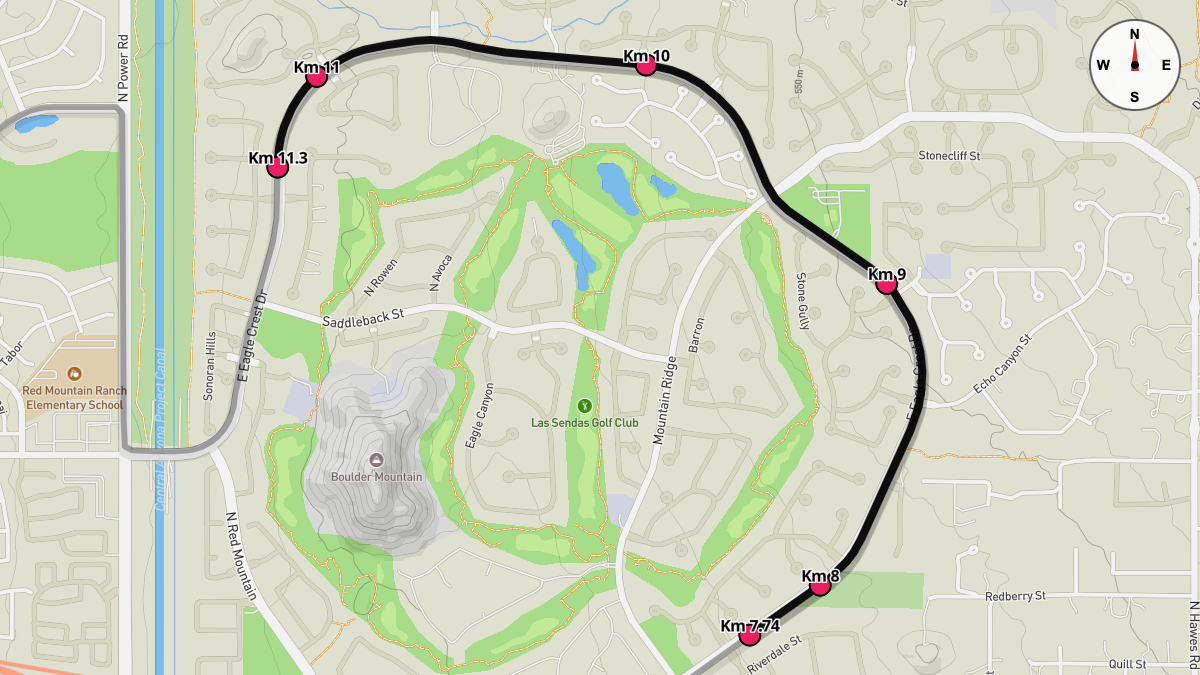 Course Map for Kilometers 7.74-11.3 of the Mesa Marathon