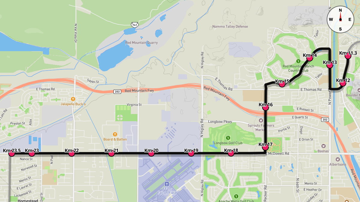Course Map for Kilometers 11.3-23.5 of the Mesa Marathon