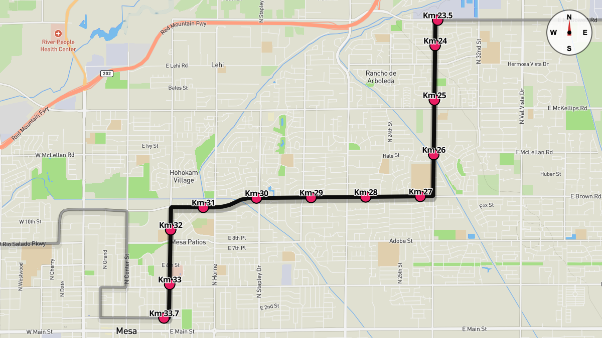 Course Map for Kilometers 23.5-33.7 of the Mesa Marathon