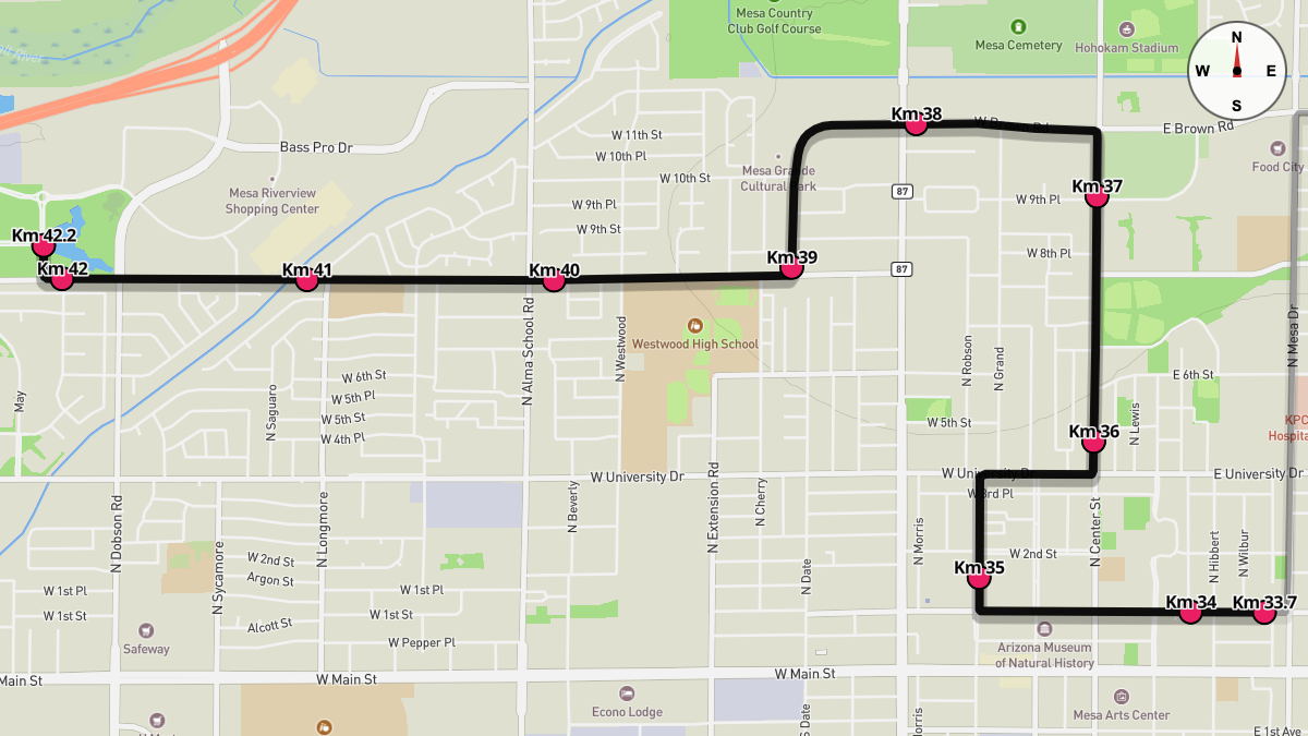 Course Map for Kilometers 33.7-42.2 of the Mesa Marathon