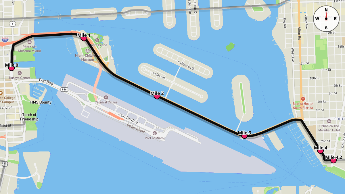Course Map for Miles 0-4.2 of the Miami Marathon