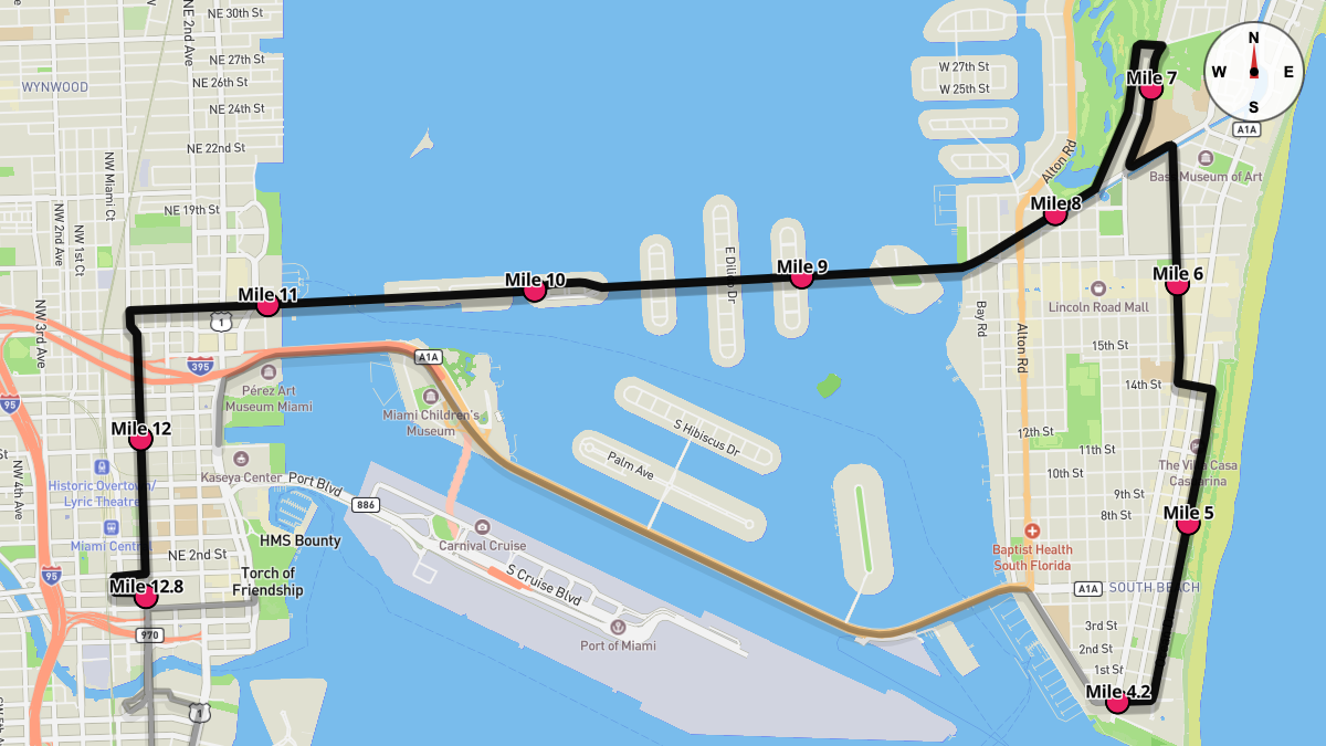 Course Map for Miles 4.2-12.8 of the Miami Marathon