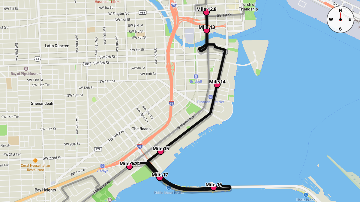 Course Map for Miles 12.8-17.4 of the Miami Marathon