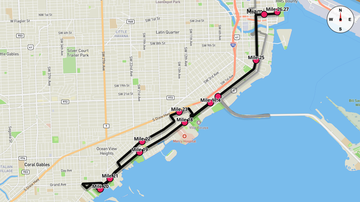 Course Map for Miles 17.4-26.27 of the Miami Marathon