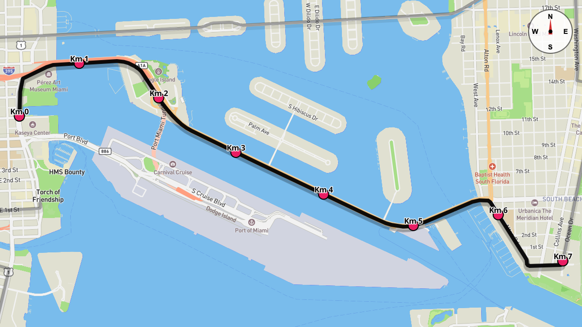 Course Map for Kilometers 0-7 of the Miami Marathon