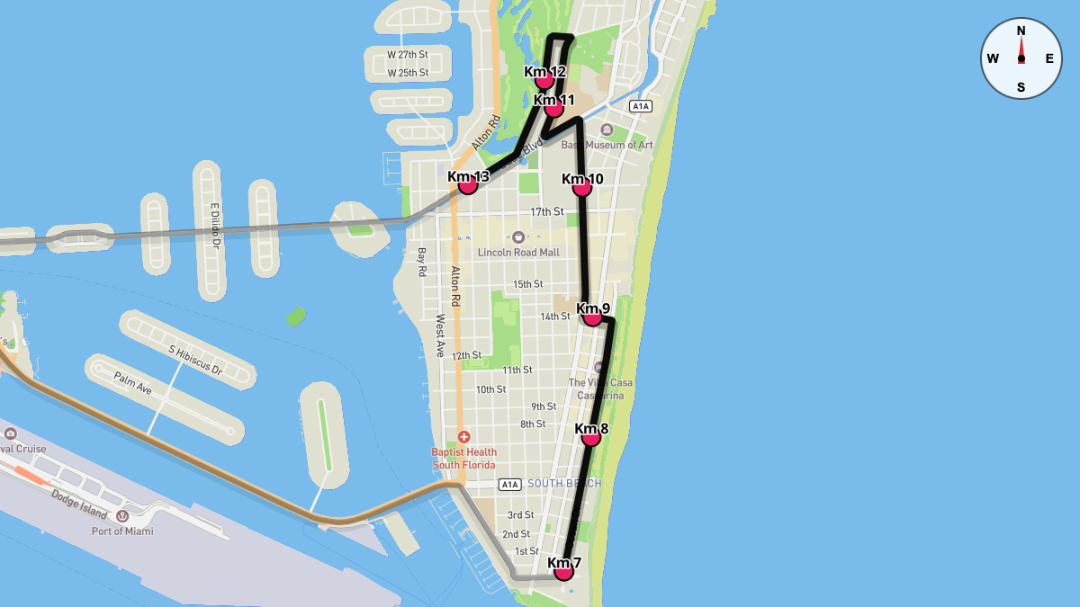 Course Map for Kilometers 7-13 of the Miami Marathon