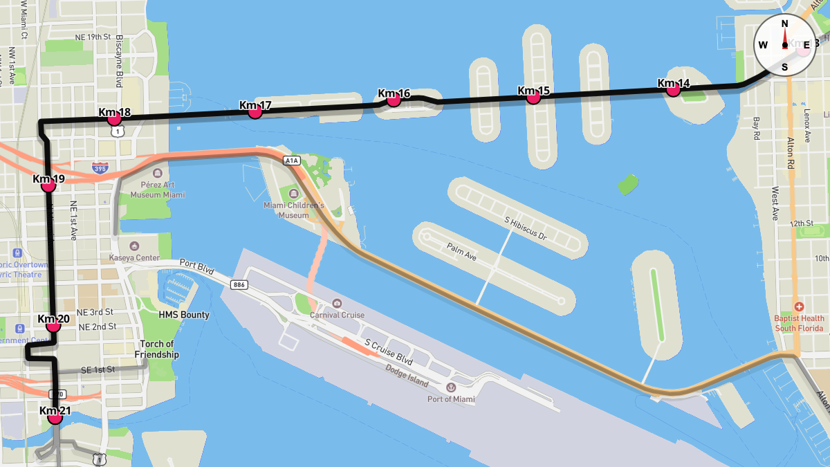 Course Map for Kilometers 13-21 of the Miami Marathon