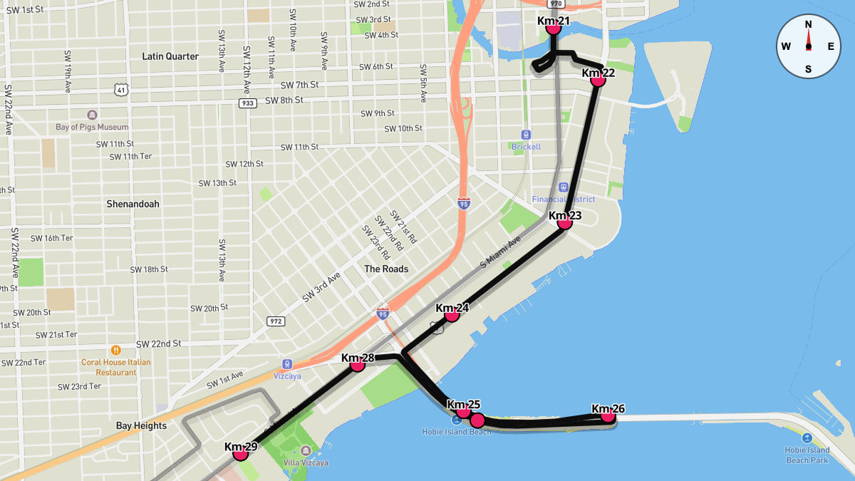 Course Map for Kilometers 21-29 of the Miami Marathon