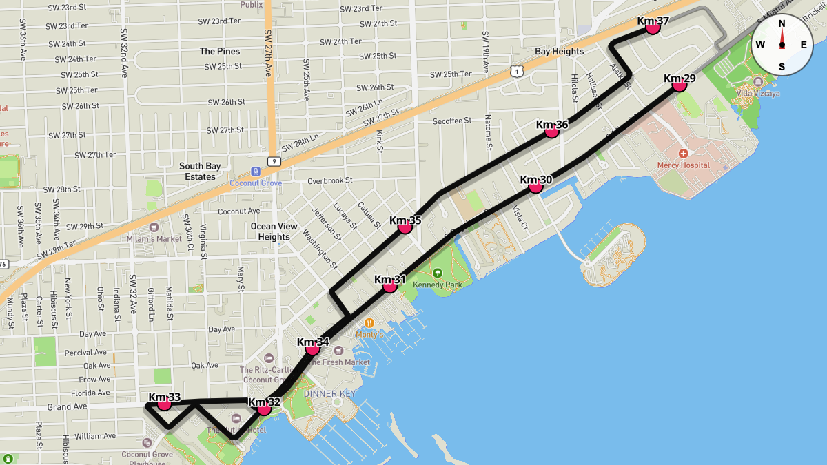 Course Map for Kilometers 29-37 of the Miami Marathon