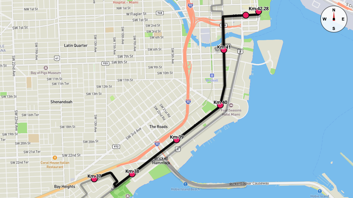 Course Map for Kilometers 37-42.28 of the Miami Marathon