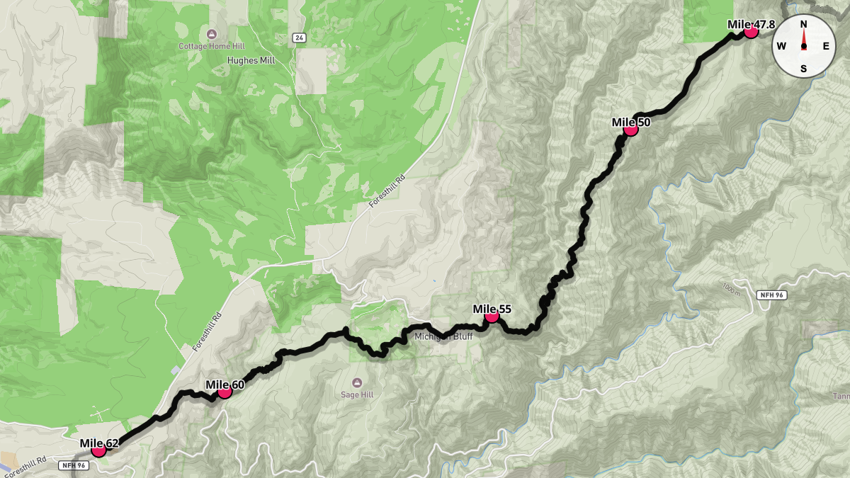 Course Map for Miles 47.8-62 of the Western States 100