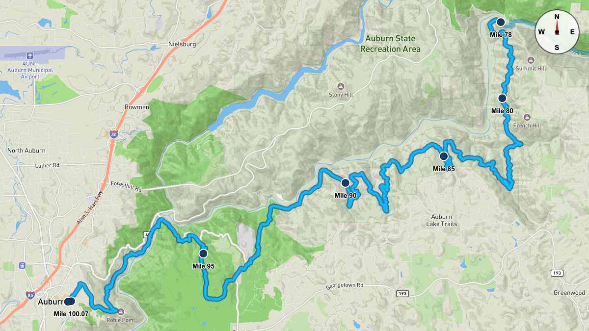 Course Map for Miles 78-100.07 of the Western States 100