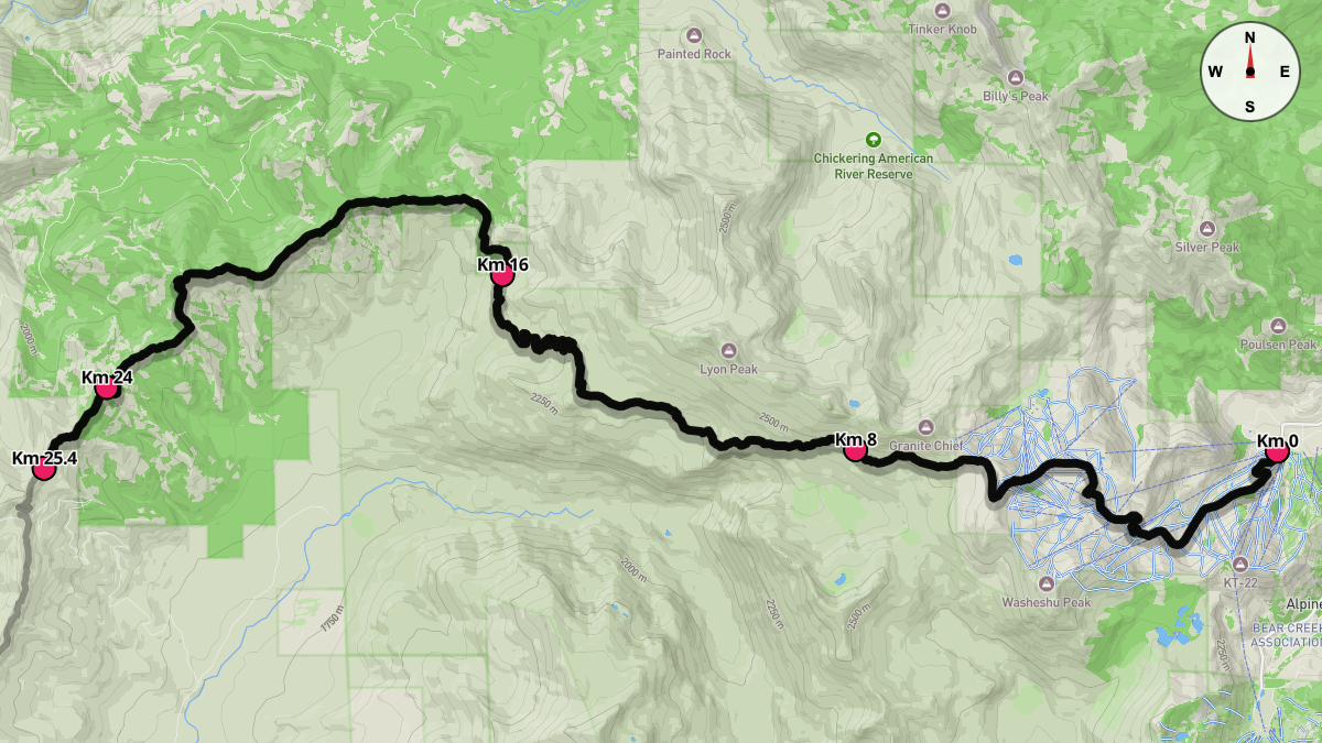 Course Map for Kilometers 0-25.4 of the Western States 100