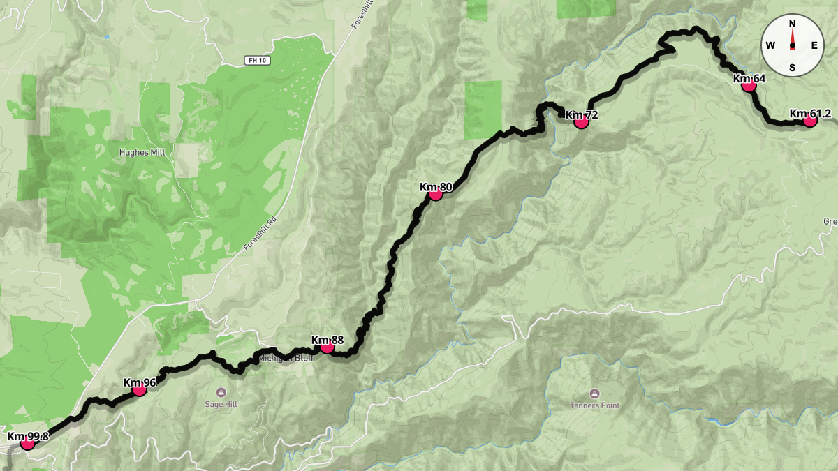 Course Map for Kilometers 61.2-99.8 of the Western States 100