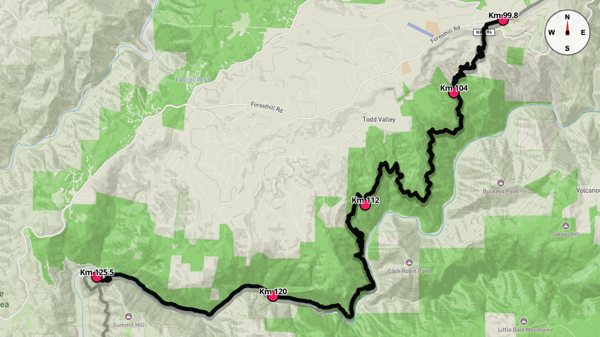 Course Map for Kilometers 99.8-125.5 of the Western States 100